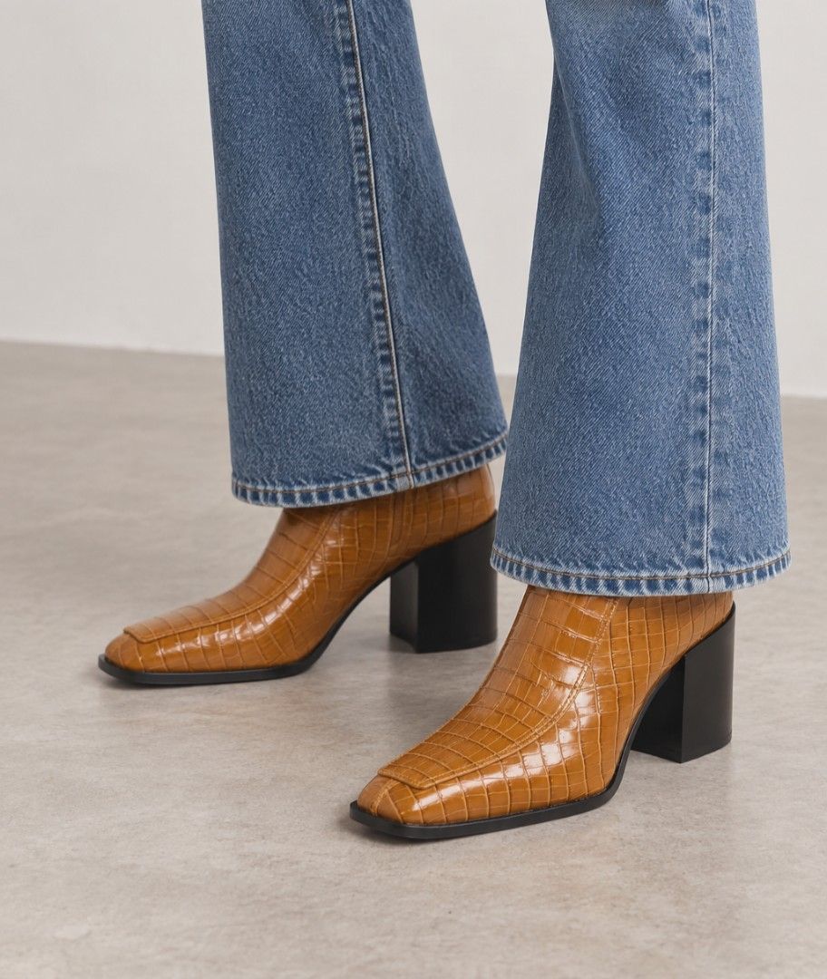 Aeyde Tan Croc Embossed Leather Ankle Boots (Category: Boots) located in Makati City. Submitted by trevarucci (Listing ID 1463252468, Image 1). Description: Size: IT 42 WOMEN'S / US WOMEN'S 10.5–11 IT 42 MEN'S / US MEN'S 9 - 9.5 Condition: Unworn, in box Original Price: ₱30,000 Heel height: 3in / 80mm Glossy croc-effect embossed leather Square toe Back zip closure Leather & rubber sole Signature hand-sewn red stitch Fine Italian craftsmanship Inc