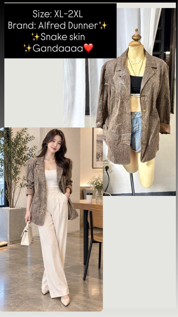 Alfred Dunner Snake Skin Pattern Blazer XL-2XL (Category: Coats, Jackets and Outerwear) located in General Trias. Submitted by crissy9053136 (Listing ID 1463147970, Image 1). Description: - Brown snake skin pattern blazer - Brand: Alfred Dunner - Size: XL-2XL - Style tip: Pairs perfectly with a white top and wide-leg pants - Versatile and chic piece.