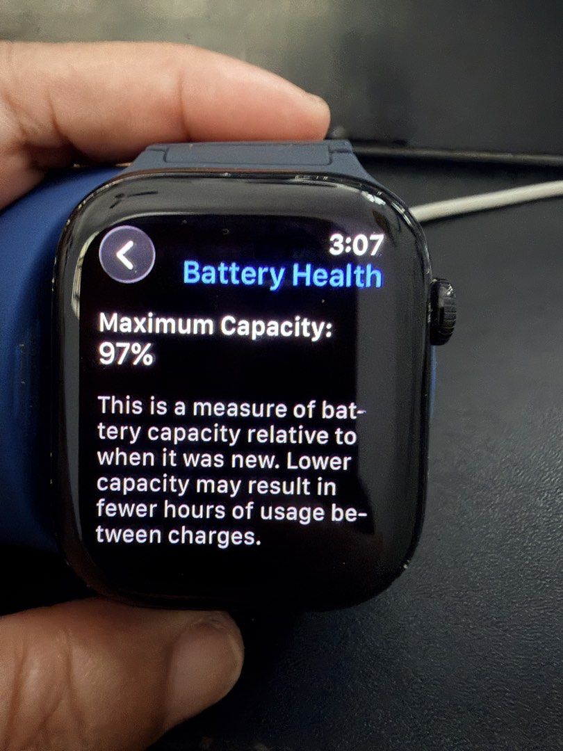 Apple Watch Series 10 (GPS) with Extra Bands (Category: Wearables & Smart Watches) located in Caloocan City. Submitted by miutasha888 (Listing ID 1463203087, Image 2). Description: - Apple Watch Series 10 (GPS) - Battery Health: 97% - WatchOS Version: 26.6 - Included Bands: - Dark blue (attached) - Maroon (compatible with 42/44/45/49mm) - Teal (compatible with 42/44/45/49mm) - Minor cosmetic wear on the back casing Back part has visible chipped p