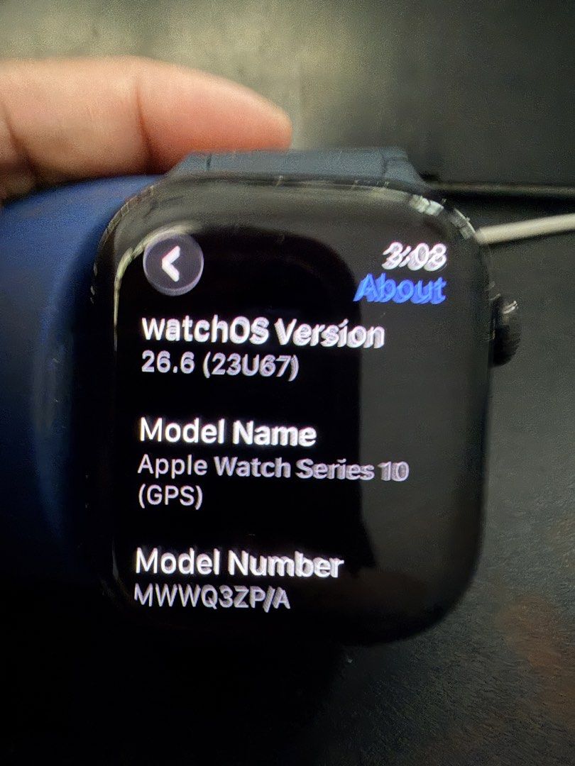 Apple Watch Series 10 (GPS) with Extra Bands (Category: Wearables & Smart Watches) located in Caloocan City. Submitted by miutasha888 (Listing ID 1463203087, Image 3). Description: - Apple Watch Series 10 (GPS) - Battery Health: 97% - WatchOS Version: 26.6 - Included Bands: - Dark blue (attached) - Maroon (compatible with 42/44/45/49mm) - Teal (compatible with 42/44/45/49mm) - Minor cosmetic wear on the back casing Back part has visible chipped p