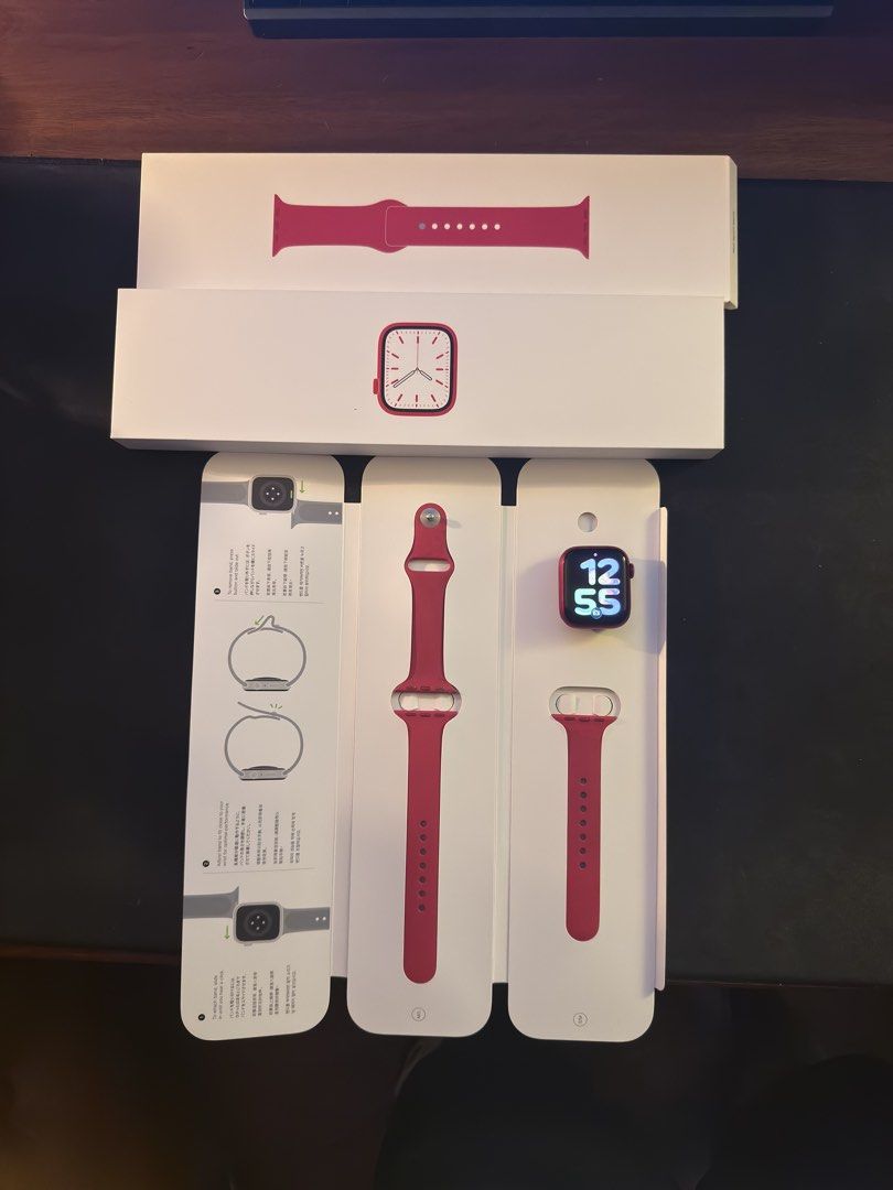 Apple Watch Series 7 41mm (GPS) Red (Category: Wearables & Smart Watches) located in Angeles City. Submitted by wjnbang (Listing ID 1463296631, Image 2). Description: • 41mm • GPS only • Purchased June 2022 • Battery Health: 76% • With original box and charger • Has some scratches from use • Fully working PM if interested. Can Negotiate.