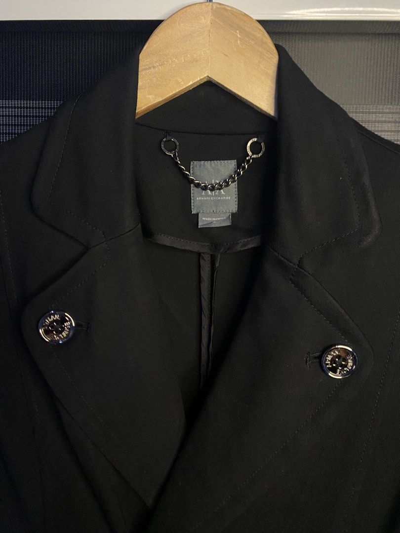 Armani Exchange Black Double Breasted Peplum Jacket Size S (Category: Coats, Jackets and Outerwear) located in Cebu City. Submitted by nardcen (Listing ID 1463323872, Image 2). Description: - Brand: Armani Exchange - Color: Black - Style: Double-breasted jacket - Size: S - Unique Features: Silver buttons, peplum hem, side zip detail, chain detail at back neck - Origin: Made in China.