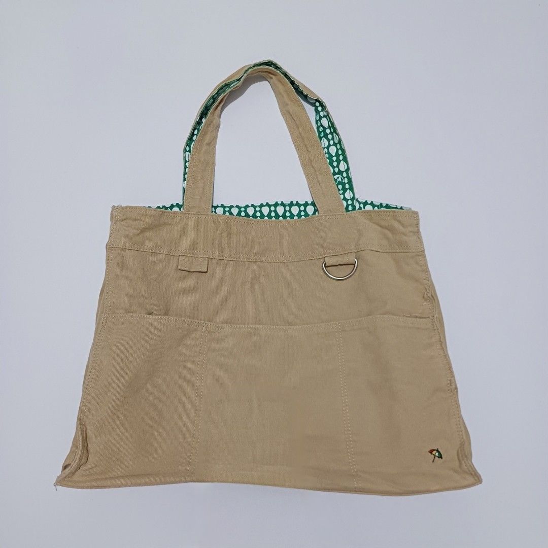 Arnold Palmer Green White Pattern Reversible Tote Bag (Category: Tote Bags) located in Pasig City. Submitted by padillaaub64242 (Listing ID 1463226875, Image 3). Description: - Cute tote bag with a unique green and white pattern on one side. - Features a neutral tan side with convenient pockets. - Durable and sturdy canvas straps for comfortable carrying. - Fun green patterned lining inside adds a playful touch. - Plenty of space, ideal for every