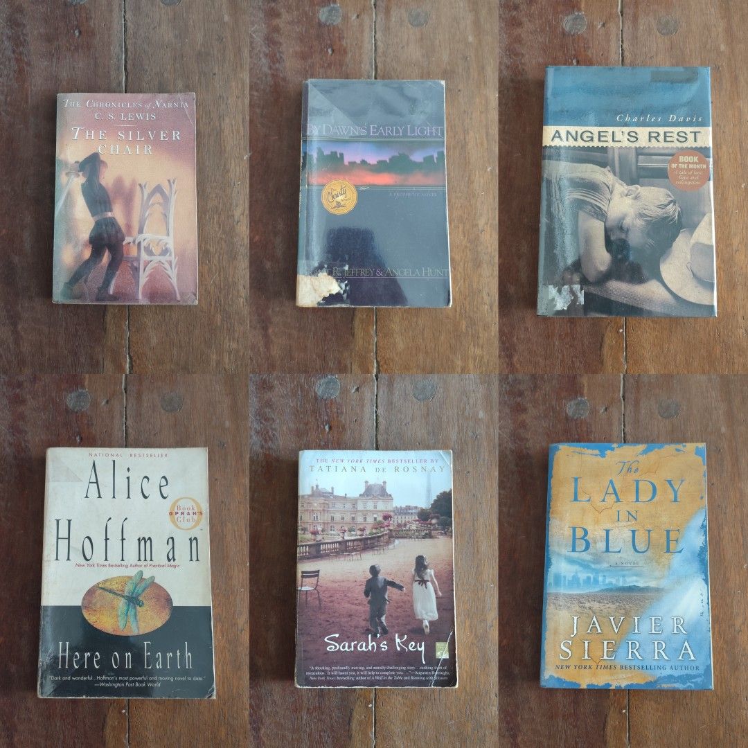 Assorted Books (Batch 20) (Category: Storybooks) located in Muntinlupa City. Submitted by iveereads (Listing ID 1463202118, Image 1). Description: Paperbacks 40php each • The Chronicles of Narnia: The Silver Chair by C.S. Lewis ❌SOLD❌ • By Dawn's Early Light by Grant R. Jeffrey & Angela Hunt • Angel's Rest by Charles Davis • Here On Earth by Alice Hoffman ❌SOLD❌ • Sarah's Key by Tatiana de Rosnay • The Lady In Blue by Javier Sierrra dm for more p