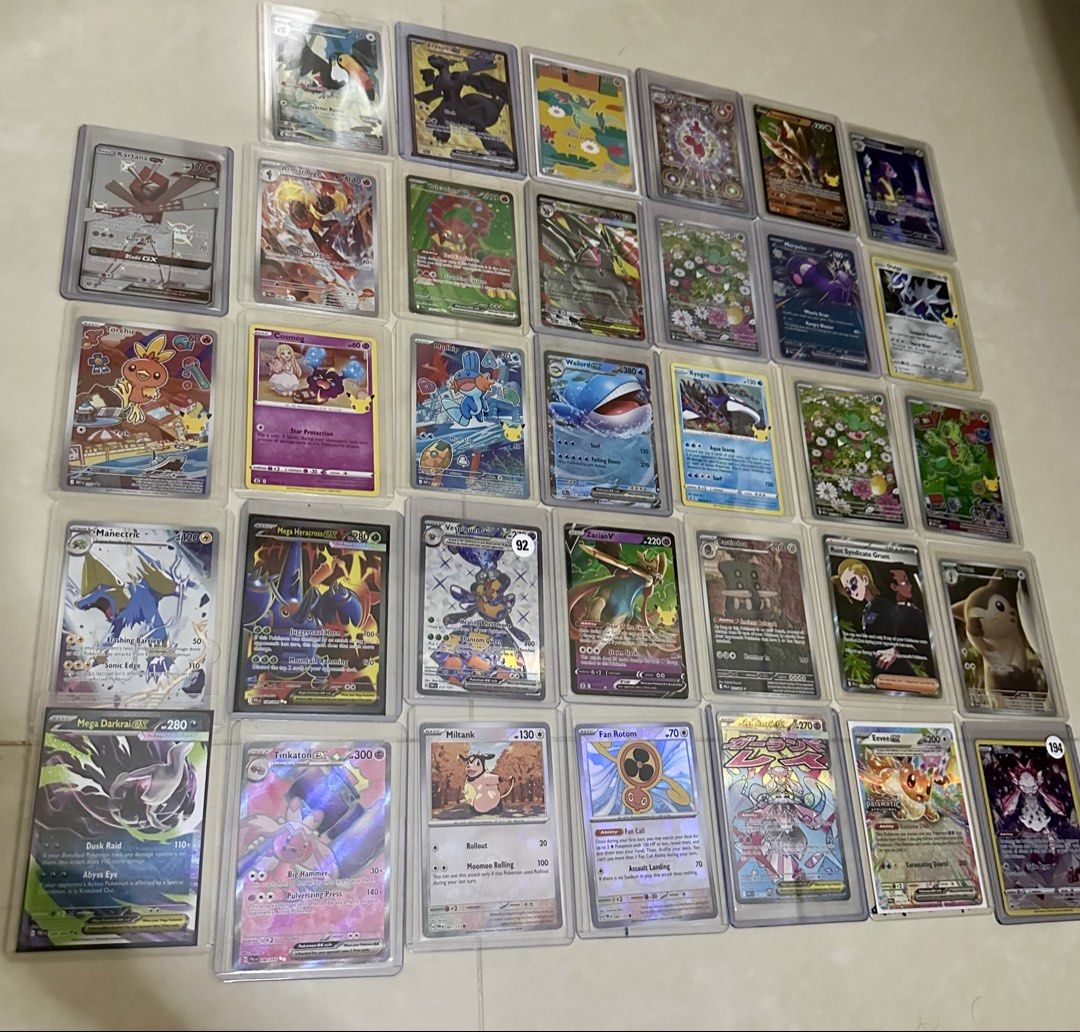 Assorted characters (Category: Raw Cards) located in Singapore. Submitted by chrono_watch_engineers (Listing ID 1463243244, Image 1). Description: Pokemon Cards English: selling all for $50. NOT SELLING AS SINGLES, ONLY AS A SET. Sir, full art, ex, mega ex..