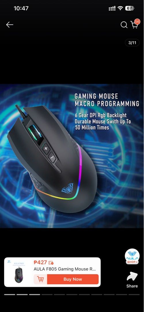 AULA F805 Wired Gaming Mouse RGB (Category: Mouse & Mousepads) located in San Mateo. Submitted by precious.03 (Listing ID 1463139922, Image 3). Description: - AULA F805 Wired Gaming Mouse - Vibrant RGB Backlight - 6-Speed DPI Adjustment - 7 Programmable Buttons (Macro capable) - Durable Design: Rated for up to 50 Million Clicks - Comfortable Ergonomic Grip - Perfect for Gaming Enthusiasts.