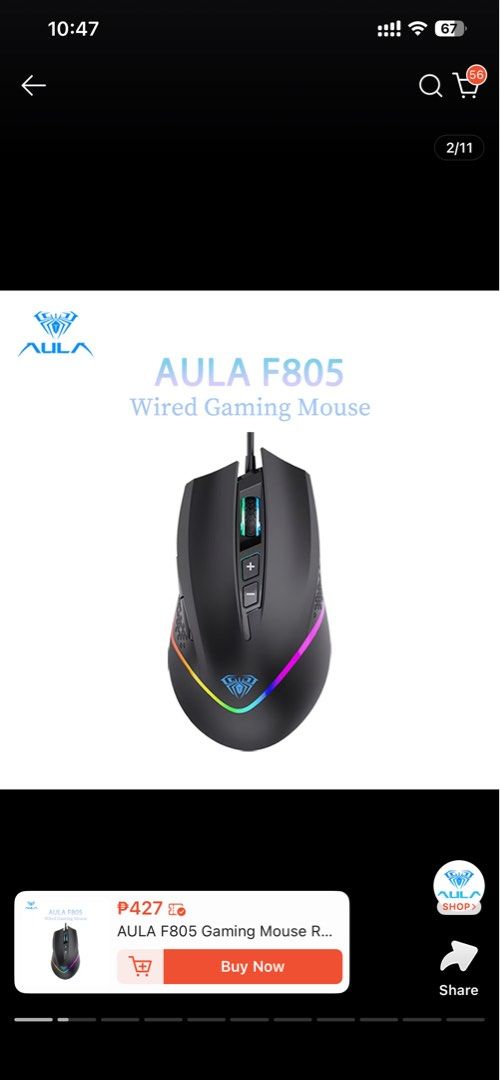AULA F805 Wired Gaming Mouse RGB (Category: Mouse & Mousepads) located in San Mateo. Submitted by precious.03 (Listing ID 1463139922, Image 1). Description: - AULA F805 Wired Gaming Mouse - Vibrant RGB Backlight - 6-Speed DPI Adjustment - 7 Programmable Buttons (Macro capable) - Durable Design: Rated for up to 50 Million Clicks - Comfortable Ergonomic Grip - Perfect for Gaming Enthusiasts.