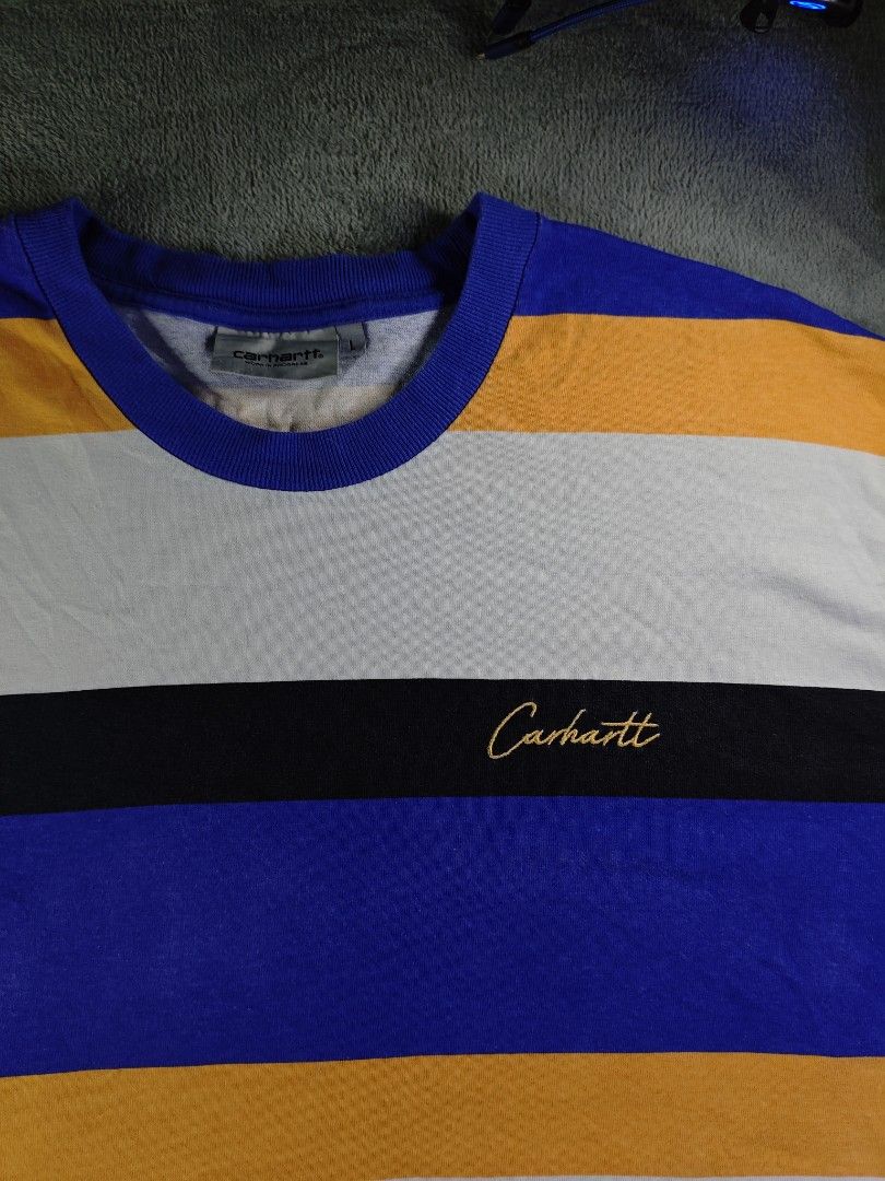 Authentic Carhartt WIP Crouser Stripe Tee (Authentic/Legit) (Category: Tshirts & Polo Shirts ) located in San Pedro. Submitted by chronothrift2ndacc (Listing ID 1463183804, Image 2). Description: - Size: XL (W24 x 30L) - Condition: 9/10 - Color Rate: 9/10 - Flaws: Very Minor Fade on Blue Part Only - Embroidery Script MOD: J&T Express / Lalamove / Meet MOP: Gcash / Bank Transfer.
