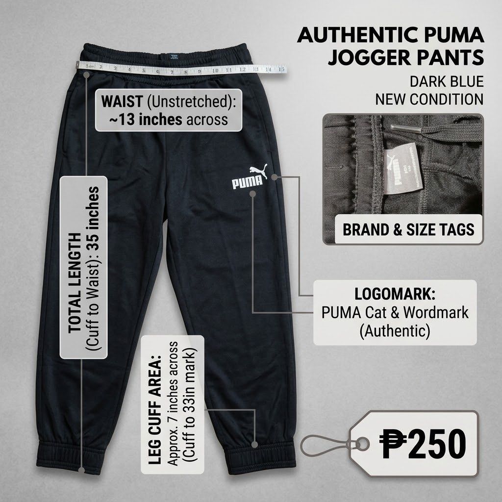Authentic Puma Dark Blue Jogger Pants (Category: Joggers) located in Manila. Submitted by practicalitynerd (Listing ID 1463226037, Image 1). Description: - Authentic Puma jogger pants - Color: Dark Blue - Waist (unstretched): Approx. 13 inches across - Total Length: Approx. 35 inches - Leg Cuff: Approx. 7 inches across - Ideal for casual wear or workouts - Please check measurements before purchasing.