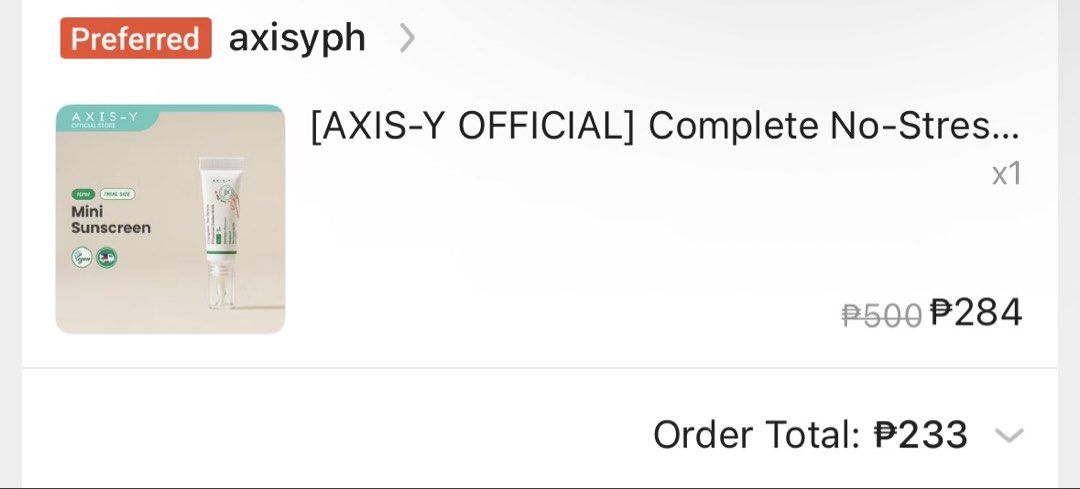 AXIS-Y Complete No-Stress Physical Sunscreen SPF50+ PA++++ (Category: Face Care) located in Imus. Submitted by declutteringmarie (Listing ID 1463260767, Image 3). Description: - AXIS-Y Sunscreen - SPF50+ PA++++ - Physical Sunscreen - Key Ingredients: Mugwort, Niacinamide (2%), Squalane - Protects against UVA & UVB rays - Size: 30ml / 0.33 fl.oz - Made in Korea.