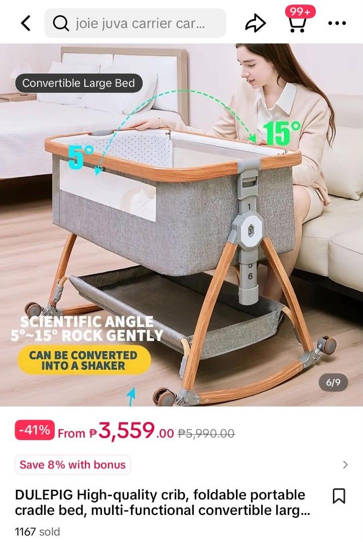 Baby Crib (Category: Cots & Cribs) located in Marikina City. Submitted by prelovedbyreena (Listing ID 1463227878, Image 2). Description: - Brand: DULEPIG - Type: Multi-functional Baby Crib / Cradle Bed - Features: Foldable, Portable, Convertible to Large Bed, Scientific Rocking Angle (5°-15°) - Design: Modern grey fabric with wooden accents - Includes: Storage basket - Suitable for: Newborns and infants negotiable.