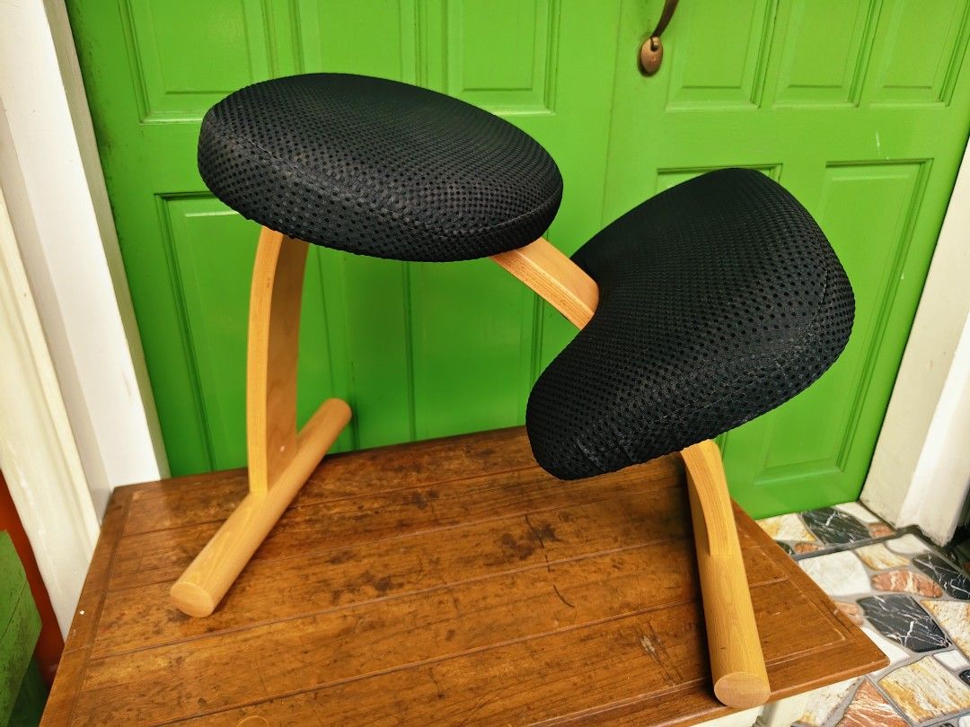 Balans Easy Ergonomic Kneeling Chair (Category: Chairs) located in Dasmarinas. Submitted by jamricana137 (Listing ID 1463264103, Image 1). Description: Balans Easy Ergonomic Kneeling Chair. Designed in Norway, Made in Japan. Created by Balans Lab to promote natural, upright posture while sitting. This naturally restores the spine's ideal S-shaped curve. It distributes body weight between lower thighs and feet, reducing pressure on the pelvis and 