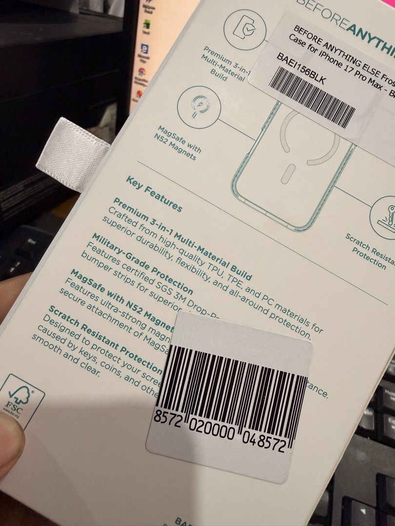 Before Anything Else Shockproof Magsafe Case for Iphone 17Pro Max (Category: Cases & Sleeves) located in Bacolod City. Submitted by charmvault (Listing ID 1463147475, Image 3). Description: Before Anything Else Magsafe Shockproof Case forIphone 17 Pro Max Brandnew Bought at Ayala Powermac RFS Extra case P1000 lastprice + SF.