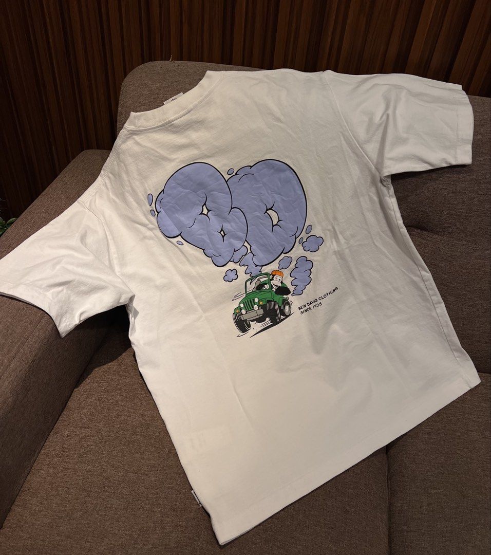 Ben Davis Oversized T-Shirt Large White Graphic Print (Category: Tshirts & Polo Shirts ) located in Manila. Submitted by wearurlux_wul (Listing ID 1463311258, Image 2). Description: - White Ben Davis oversized t-shirt - Size: Large (22x28) - Graphic print on front and back: green jeep with purple smoke - Comfortable material - Ideal for casual wear.