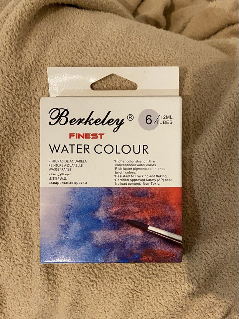 Berkeley Finest Water Colour (6pcs) (Category: Craft Supplies & Tools) located in Quezon City. Submitted by pixavix (Listing ID 1463273259, Image 1). Description: - UNOPENED WATERCOLOR TUBES - Box has minor damage, but watercolors have not been touched - Colors: White, Lemon Yellow, Crimson Red, Deep Green, Prussian Blue, Black.