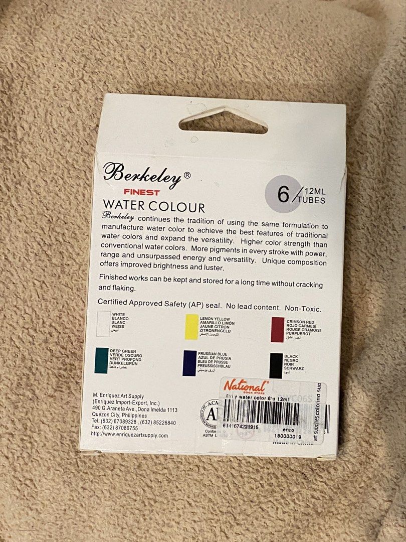 Berkeley Finest Water Colour (6pcs) (Category: Craft Supplies & Tools) located in Quezon City. Submitted by pixavix (Listing ID 1463273259, Image 2). Description: - UNOPENED WATERCOLOR TUBES - Box has minor damage, but watercolors have not been touched - Colors: White, Lemon Yellow, Crimson Red, Deep Green, Prussian Blue, Black.