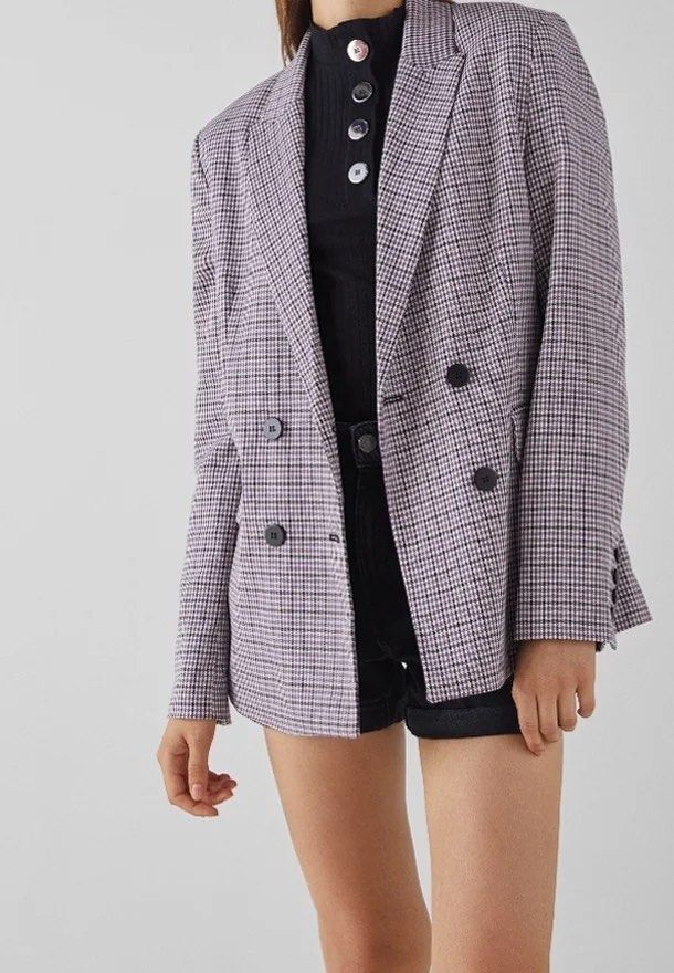 Bershka Double Breasted Plaid Blazer Purple (Category: Coats, Jackets and Outerwear) located in Manila. Submitted by patc20 (Listing ID 1463179718, Image 1). Description: - Size L - Bershka double-breasted blazer - Classic plaid pattern (purple, white, black) - Fully lined with contrasting purple fabric - Two-button front closure - Button details on cuffs - Versatile for smart casual looks.