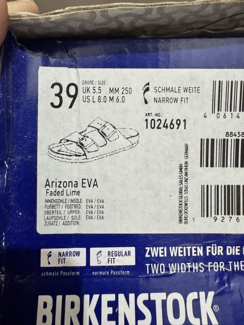 Birkenstock - Brand New (Category: Sandals) located in Pasig City. Submitted by darlene.tumbali (Listing ID 1463225943, Image 3). Description: Brand New Birkenstock (original) Comes with a box and Birks Care Instruction Full set! Arizona EVA Faded Lime US 9 Open to negotiate.