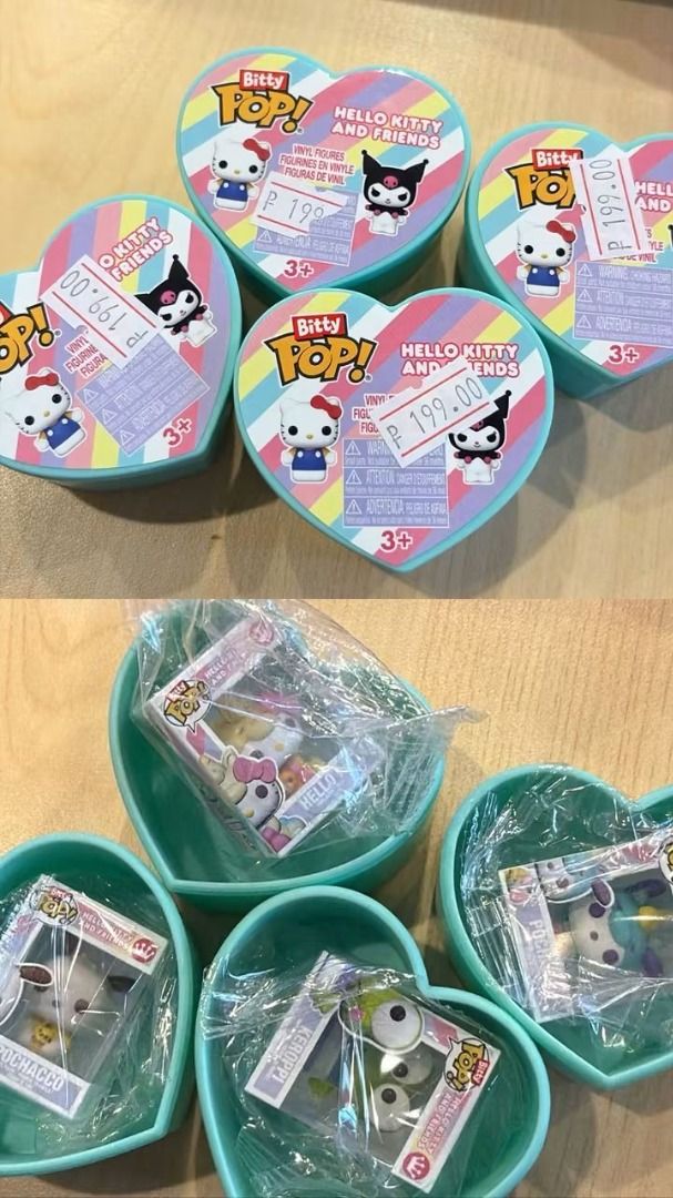 Bitty Pop! Hello Kitty and Friends Blind Box Figures (Category: Designer & Blind Box Toys) located in Caloocan City. Submitted by tenten_dlsrys (Listing ID 1463212934, Image 1). Description: - Bitty Pop! Kitty and Friends blind box figures - Each heart-shaped box contains a surprise vinyl figure - Features popular characters like Pochacco and Keroppi - Perfect for Sanrio fans and collectors Available characters: Pochacco (2) Hello Kitty Keroppi C