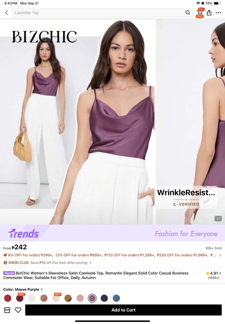 Sleeveless Satin Top (Category: Sleeveless) located in Marikina City. Submitted by yabananas (Listing ID 1463292619, Image 2). Description: - Mauve purple satin camisole top - Brand: BizChic - Sleeveless design - Elegant cowl neck - Wrinkle-resistant material - S-verified - Ideal for office, daily wear, or autumn outfits.