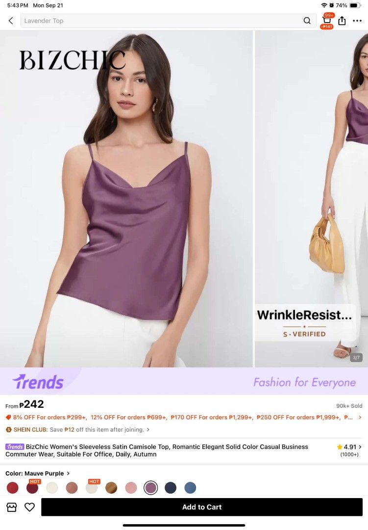 Sleeveless Satin Top (Category: Sleeveless) located in Marikina City. Submitted by yabananas (Listing ID 1463292619, Image 1). Description: - Mauve purple satin camisole top - Brand: BizChic - Sleeveless design - Elegant cowl neck - Wrinkle-resistant material - S-verified - Ideal for office, daily wear, or autumn outfits.