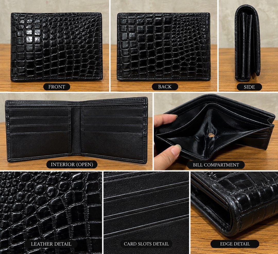 black bifold men's wallet featuring a glossy crocodile-patterned leather (Category: Wallets & Card holders) located in San Fernando. Submitted by dntjapansurpluselyu (Listing ID 1463133698, Image 1). Description: .