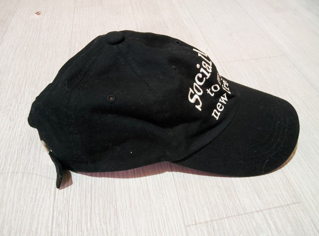 black cap with white text embroidery (Category: Caps & Hats) located in Butuan. Submitted by kkkai.zzzzz (Listing ID 1463133613, Image 3). Description: -black cap with white 'Social Club to make new friends' embroidery - adjustable strap at the back for a custom fit.