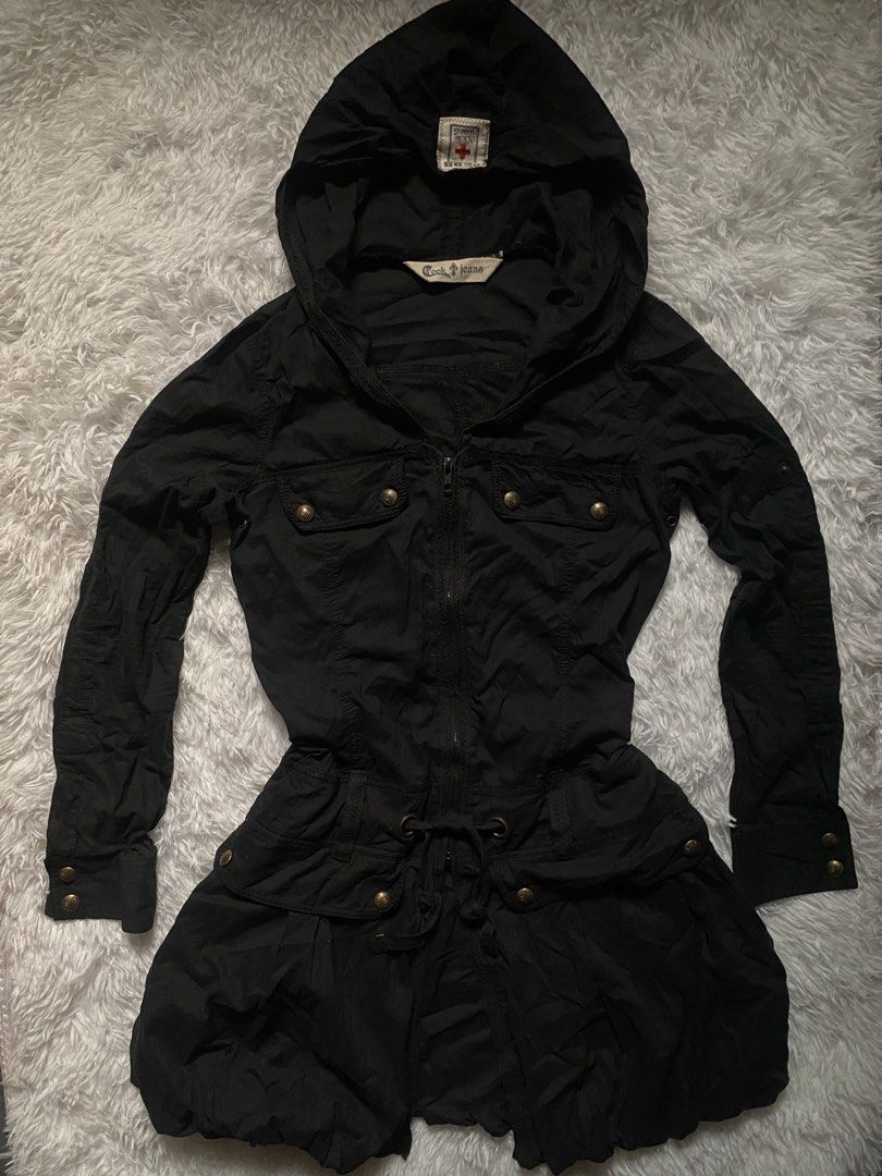 Black Hooded Jacket with Gold Button Details (Category: Coats, Jackets and Outerwear) located in Zamboanga. Submitted by trippsnthrifts (Listing ID 1463165940, Image 1). Description: - Black hooded jacket - Zip-up front - Drawstring waist for adjustable fit - Multiple utility pockets with gold button closures - Button details on cuffs - Military/utility-inspired style - Ideal for layering goth outfits .