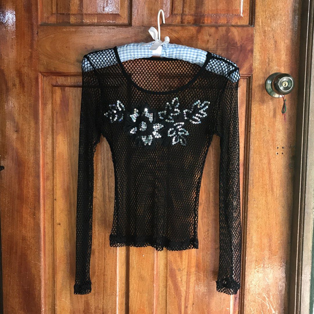 Black Mesh Long Sleeve Top with Sequins (Category: Longsleeves) located in Manila. Submitted by strawberrieaudr3y (Listing ID 1463276021, Image 3). Description: - Black fishnet long sleeve top - Floral applique with sequins on chest - Scalloped lace trim at hem and cuffs - Very stretchy material - Ideal for layering or a night out - Looks great over a bralette or camisole.
