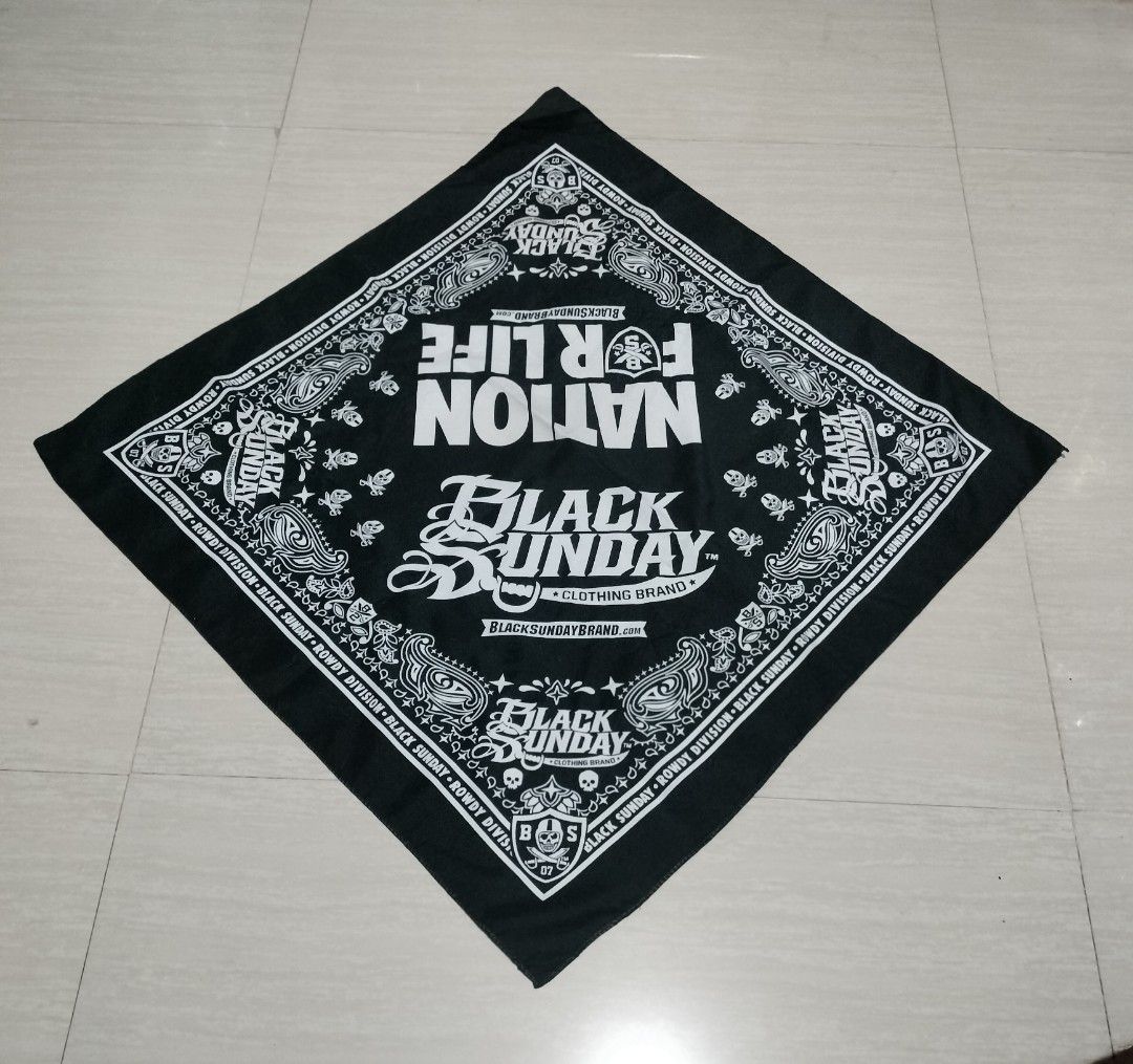 BLACK SUNDAY BANDANA (Category: Scarves) located in Sariaya. Submitted by social_animalz (Listing ID 1463282161, Image 1). Description: 21.5 x 21.5 shipping fee is not included.
