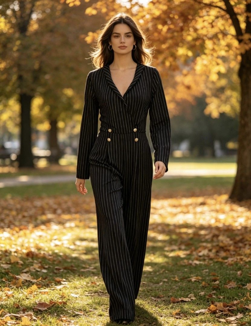 Black with white lines corporate jumpsuit (Category: Jumpsuits) located in Makati City. Submitted by khrizaccessories (Listing ID 1463167016, Image 2). Description: Bought in California USA Sleek corporate jumpsuit waist 30" to 34" stretch shoulder 14" length from waistline 43" sleeves 24".