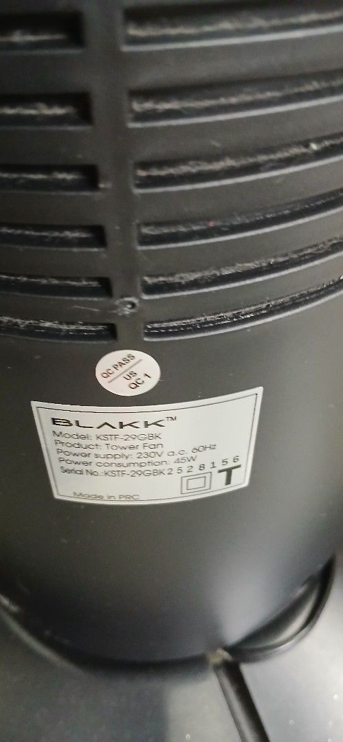 BLAKK Tower Fan KSTF-20GBK2 (Category: Fans) located in Marikina City. Submitted by darthvader888 (Listing ID 1463153439, Image 3). Description: - BLAKK Tower Fan - Model: KSTF-20GBK2 - Power: 230V, 50Hz, 55W - Condition: Works well, great for cooling - Features: Easy to move, includes remote control.