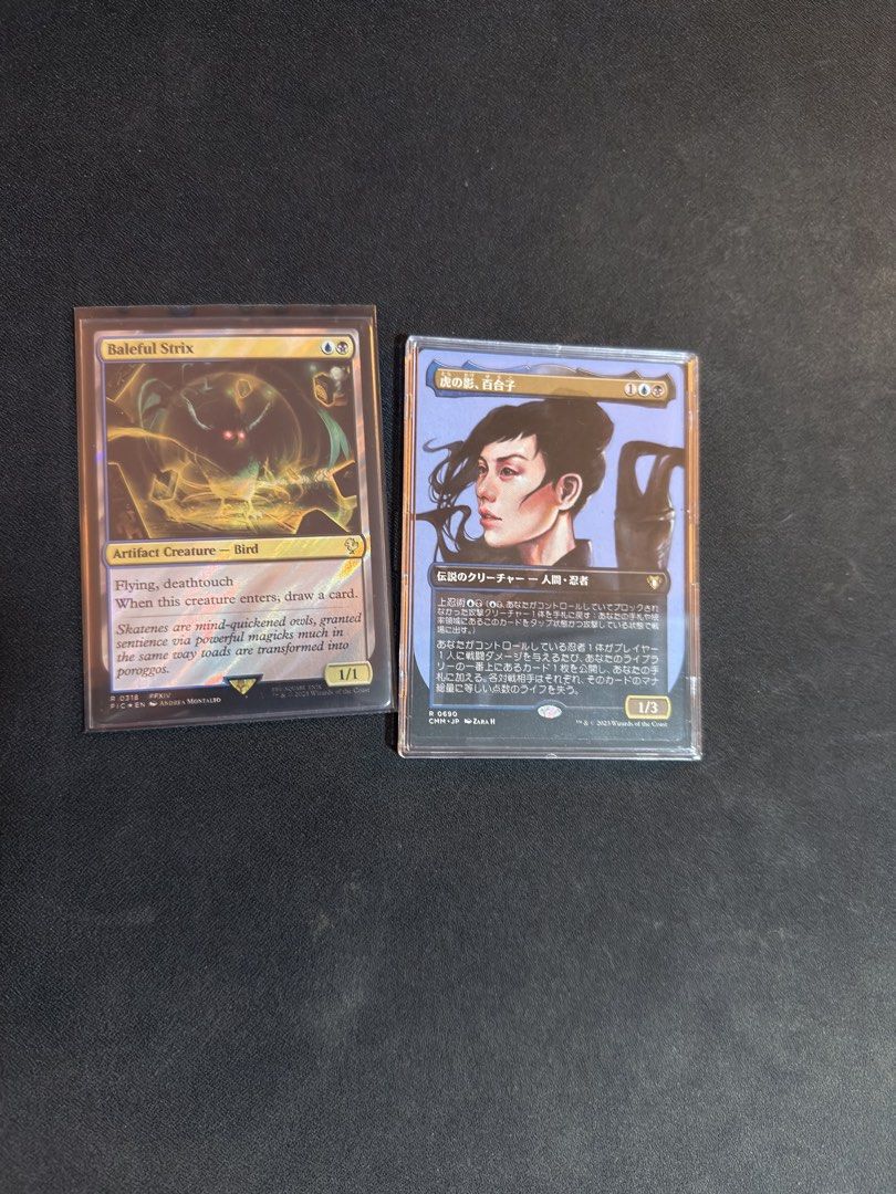 Bracket 3 Yuriko Commander Deck (Category: Raw Singles) located in Angeles City. Submitted by wjnbang (Listing ID 1463296939, Image 2). Description: ₱10,000 TCG Mid × 55 * Deck Box Included * Double Sleeved * Maybeboard Not Included * Yuriko JP Note: I couldn’t find a way to add the Surge Foil version of Baleful Strix to the ManaBox decklist. Decklist: https://manabox.app/decks/AZ-lM5zddiWx8ZDv-CS9Zg.