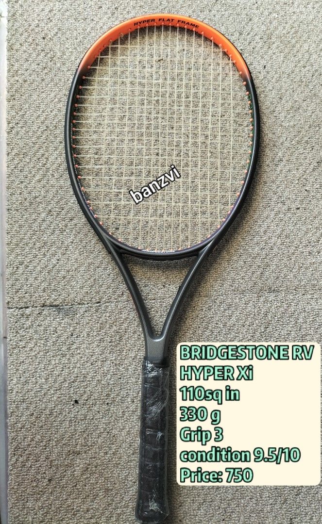 Bridgestone Hyper Xi Tennis Racket (Category: Racket and Ball Sports) located in Cainta. Submitted by banzvi73 (Listing ID 1463180493, Image 1). Description: - Bridgestone Hyper Xi Tennis Racket - Head Size: 110 sq in - Weight: 330g - Grip Size: 3 - Condition: 9.5/10 (Great) - Price: PHP 750.