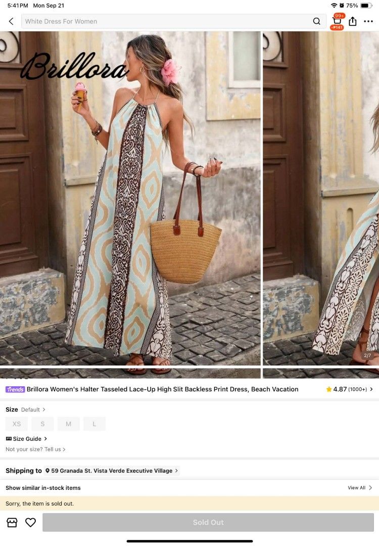 Backless Halter Summer Dress (Category: Dresses) located in Marikina City. Submitted by yabananas (Listing ID 1463292623, Image 1). Description: - Brand: Brillora - Style: Maxi Dress - Neckline: Halter neck with tassel details - Features: High slit, backless design - Print: Mix of earthy tones and mint green - Occasion: Perfect for beach vacations or summer outings.