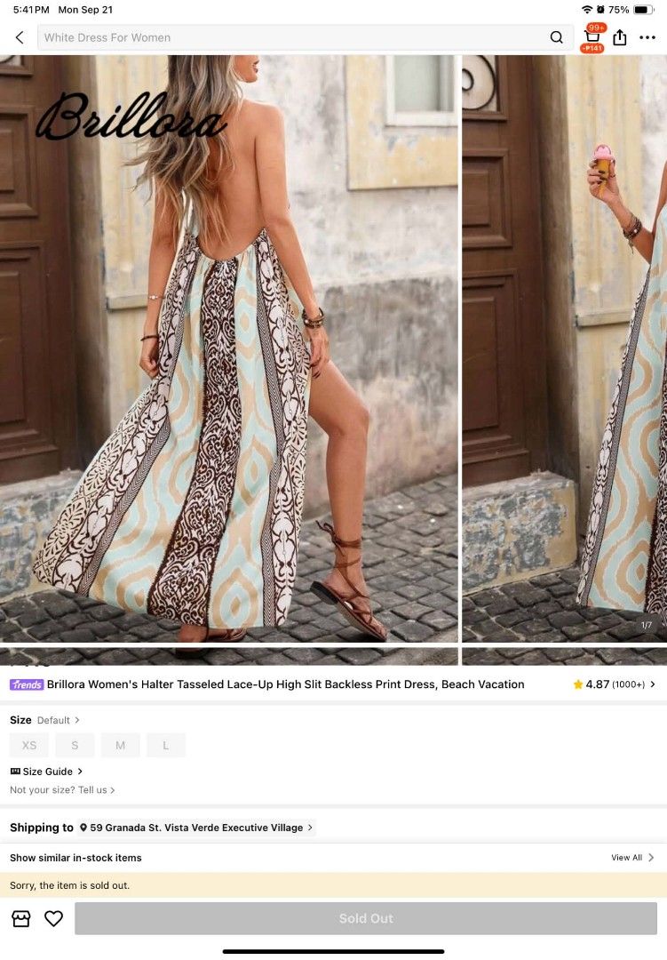 Backless Halter Summer Dress (Category: Dresses) located in Marikina City. Submitted by yabananas (Listing ID 1463292623, Image 2). Description: - Brand: Brillora - Style: Maxi Dress - Neckline: Halter neck with tassel details - Features: High slit, backless design - Print: Mix of earthy tones and mint green - Occasion: Perfect for beach vacations or summer outings.