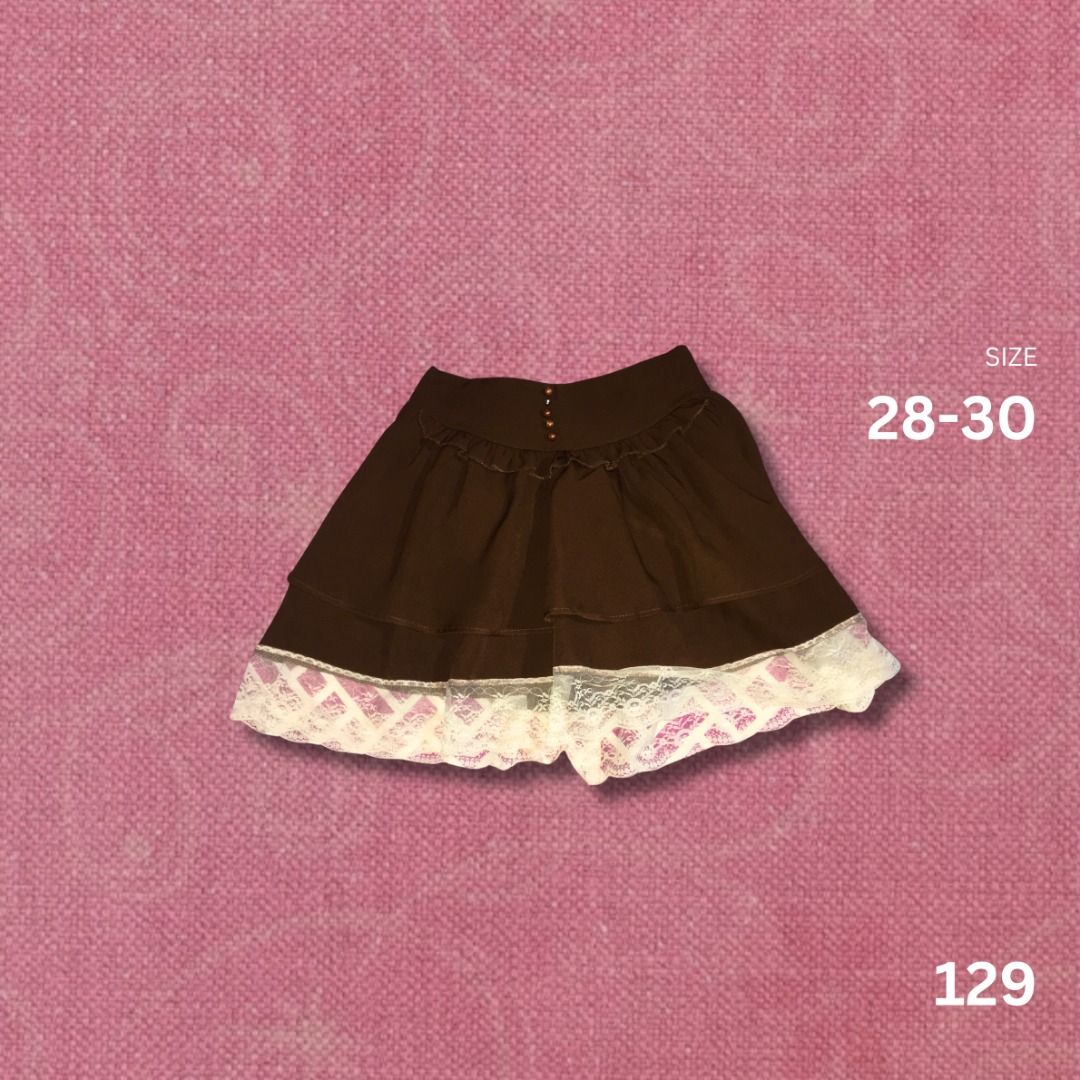 BROWN LACE SKIRT (Category: Skirts) located in Manila. Submitted by j.saell (Listing ID 1463219414, Image 1). Description: Size: 28-30 inches Issue: missing one bead sa harap With inner short Garterized Loc: Sampaloc, Manila MOD: Meet up/Lalamove/J&T MOP: Cash/Gcash/MariBank.