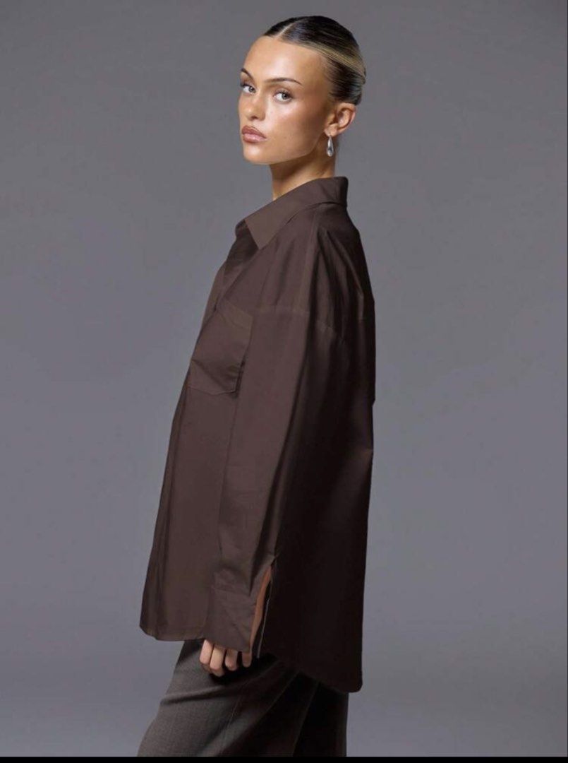 Brown long sleeve cotton fabric from SHEIN (Category: Longsleeves) located in Virac. Submitted by cams_2601 (Listing ID 1463217546, Image 2). Description: Chocolate brown color Large size Oversized long sleeve Used twice only .