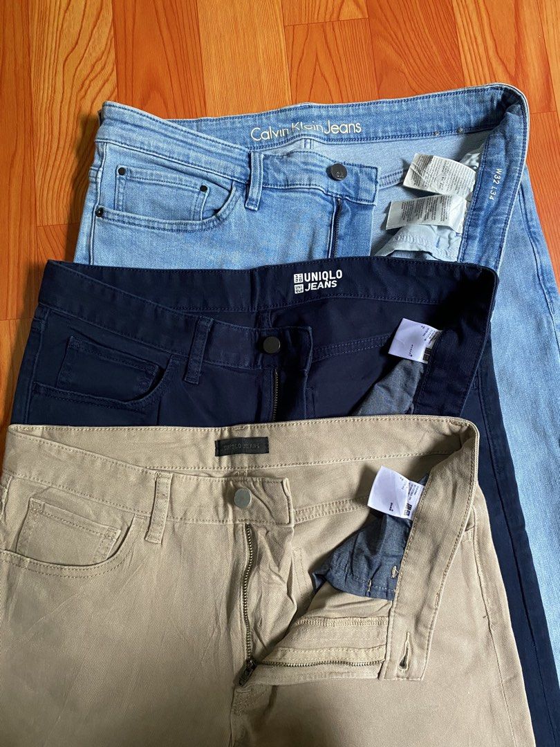Calvin Klein Jeans & Uniqlo Jeans Bundle (Category: Jeans) located in Cebu City. Submitted by monflor (Listing ID 1463219494, Image 3). Description: - Bundle of three pairs of pants - Includes: 1 pair Calvin Klein Jeans (light blue), 2 pairs Uniqlo pants (1 navy, 1 beige) - All pants are size 32 - Ideal for casual everyday wear Strechable Good condition No issues Price 700 each.