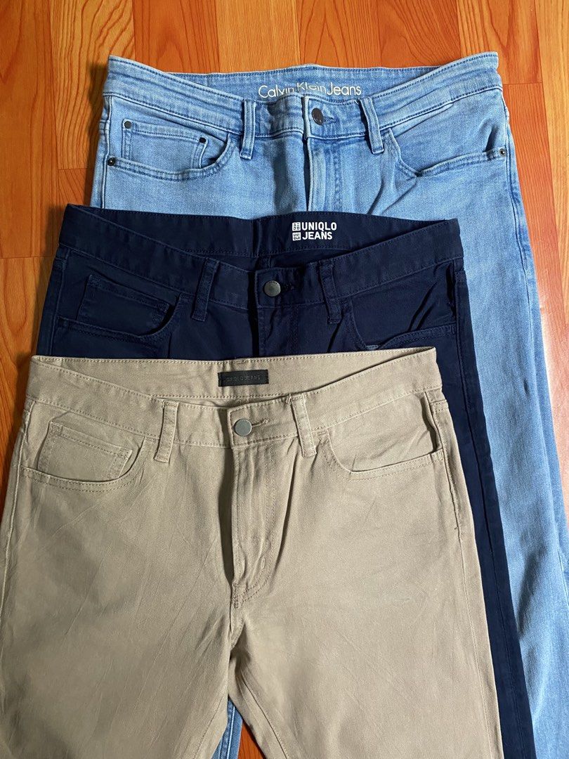Calvin Klein Jeans & Uniqlo Jeans Bundle (Category: Jeans) located in Cebu City. Submitted by monflor (Listing ID 1463219494, Image 2). Description: - Bundle of three pairs of pants - Includes: 1 pair Calvin Klein Jeans (light blue), 2 pairs Uniqlo pants (1 navy, 1 beige) - All pants are size 32 - Ideal for casual everyday wear Strechable Good condition No issues Price 700 each.