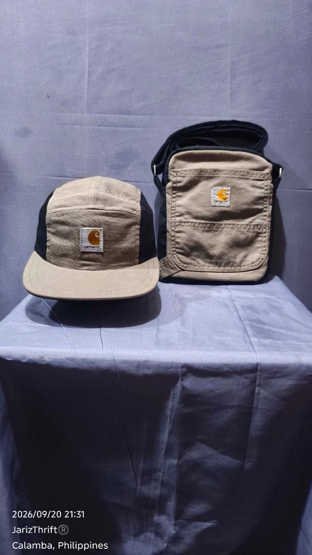 cross body bag and 5 panel cap (Category: Sling Bags) located in Calamba. Submitted by jarizthrift (Listing ID 1463157754, Image 2). Description: upcycled from carhartt b147 lbr sold aspack message for more info.