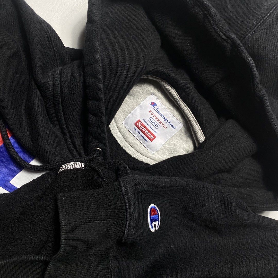 CHAMPION X SUPREME HODIE (Category: Coats, Jackets and Outerwear) located in Manila. Submitted by valuable_rags (Listing ID 1463126977, Image 3). Description: CHAMPION X SUPREME HODIE CONDITION : EXCELLENT SIZE :LARGE DIMENSIONS : W24 x L26 ISSUE : NONE .
