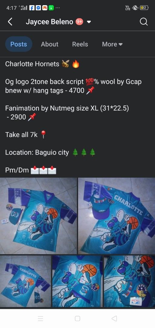 Charlotte Hornets Jersey & Cap Set - OG Logo 2Tone Script (Category: Caps & Hats) located in Manila. Submitted by ramosjacqu35241 (Listing ID 1463260043, Image 1). Description: For sale ‼️ Charlotte Hornets 🐝 🔥 Og logo 2tone back script 💯% wool by Gcap bnew w/ hang tags - 4700 📌 Fanimation by Nutmeg size XL (31*22.5) - 2900 📌 Take all 7k 📍 Location: Baguio city 🌲🌲🌲 Pm/Dm 📩📩📩.