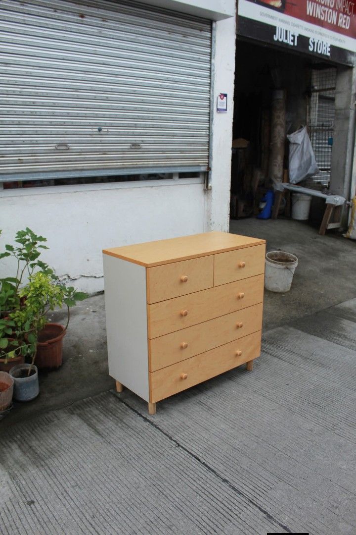 Chest drawer (Category: Shelves, Cabinets & Racks) located in Meycauayan. Submitted by marygracecasimiro (Listing ID 1463242901, Image 3). Description: Low Chest of Drawers 5 pullout drawers L:34 ¼ • W:16 ½ • H:33 ¾ inches 8,700 pesos only💜💜.
