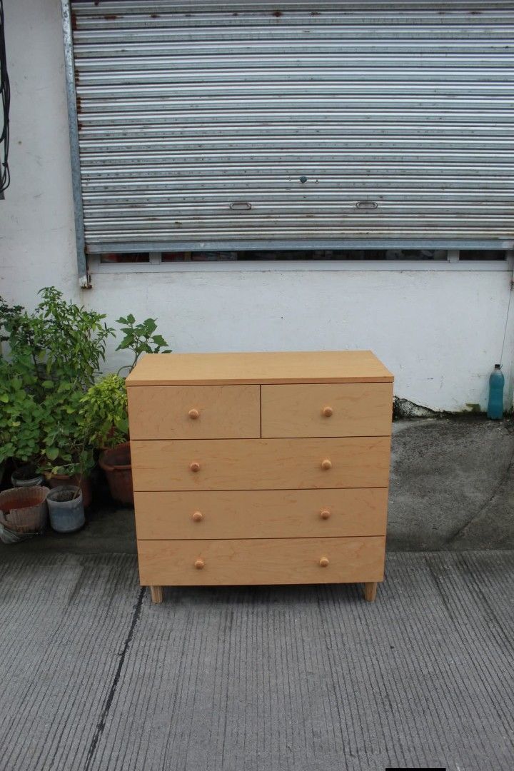 Chest drawer (Category: Shelves, Cabinets & Racks) located in Meycauayan. Submitted by marygracecasimiro (Listing ID 1463242901, Image 2). Description: Low Chest of Drawers 5 pullout drawers L:34 ¼ • W:16 ½ • H:33 ¾ inches 8,700 pesos only💜💜.