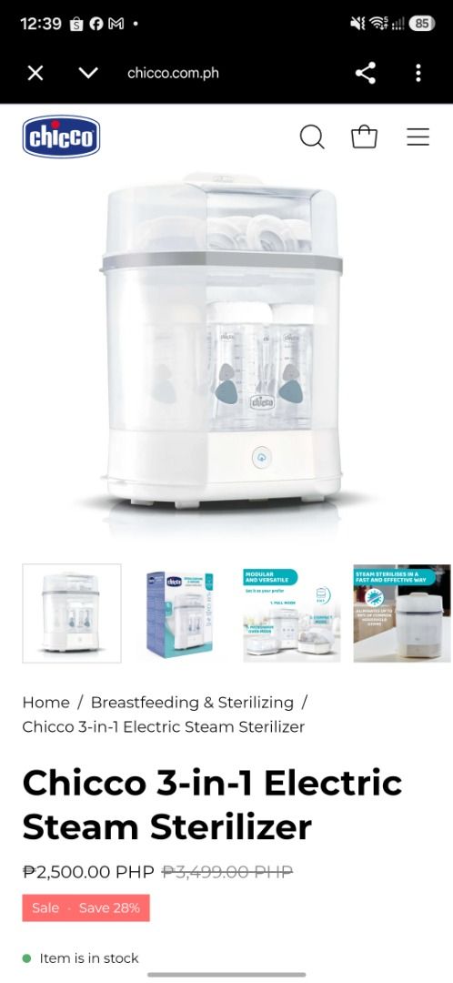 Chicco 3-in-1 Electronicl Bottle Steam Sterilizer (Category: Breastfeeding & Bottle Feeding) located in Caloocan City. Submitted by elypot2k25 (Listing ID 1463192799, Image 2). Description: Lightly used. RFS: Baby refused bottle feeding. .