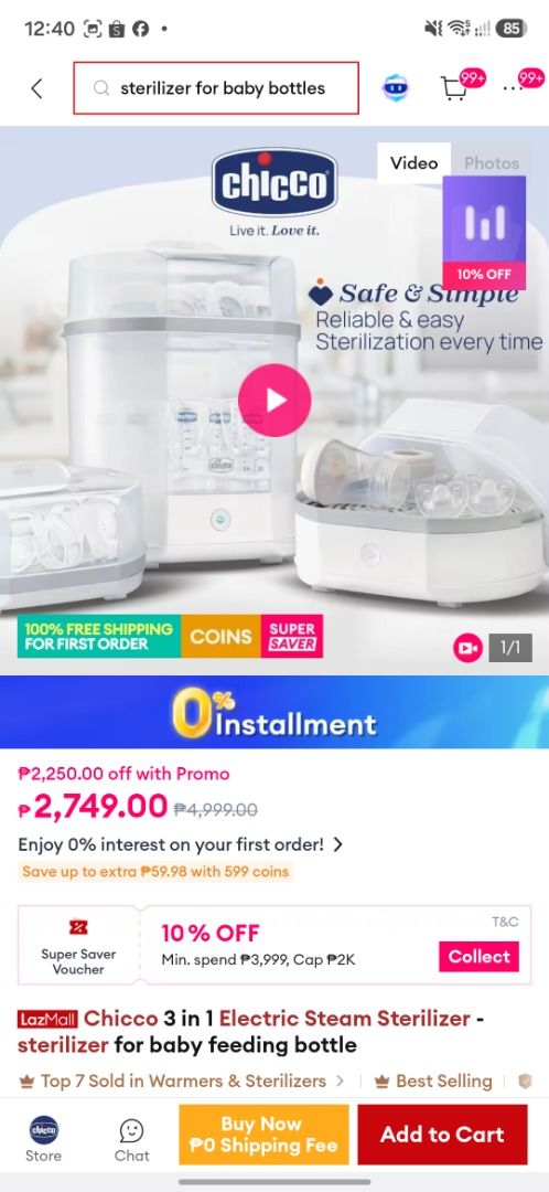 Chicco 3-in-1 Electronicl Bottle Steam Sterilizer (Category: Breastfeeding & Bottle Feeding) located in Caloocan City. Submitted by elypot2k25 (Listing ID 1463192799, Image 3). Description: Lightly used. RFS: Baby refused bottle feeding. .