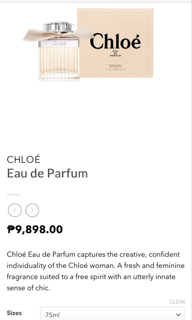 Chloé Eau de Parfum 100ml | PREORDER (Category: Fragrance & Deodorants) located in Malolos. Submitted by xoxoche_n (Listing ID 1463225624, Image 3). Description: PREORDER | ETA: 2 wks 50% DP required. Balance to be settled upon arrival, before shipping. For reference, retail price for the 75ml bottle alone is almost 10k. Check slides 3-6 for customer feedback. Can provide more upon request 🌸.