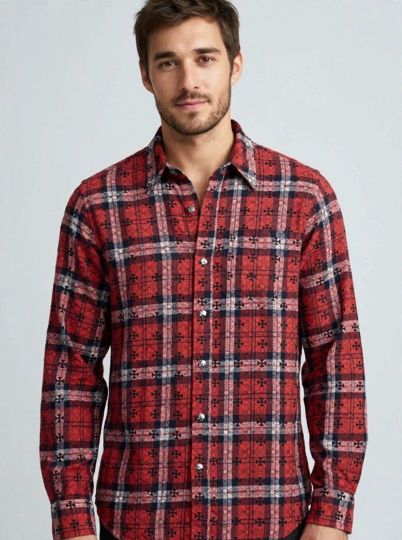 CHROME HEARTS FLANEL (Category: Luxury Apparel) located in Alburquerque. Submitted by zkethrifter (Listing ID 1463203497, Image 1). Description: ACTUAL DIMES 21W X 27L NO ISSUE DM!.