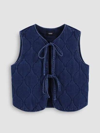 Cider Quilted Denim Vest with Tie Front (Category: Sleeveless) located in Baguio. Submitted by tresmariascloset13 (Listing ID 1463226545, Image 1). Description: - Dark wash denim vest - All-over quilted pattern - Tie-front closure - Sleeveless design - Ideal for layering over shirts or dresses - Brand: Cider - Size: S.